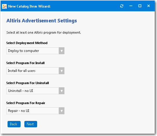 Altiris Advertisement Settings Panel / New Catalog Item Wizard