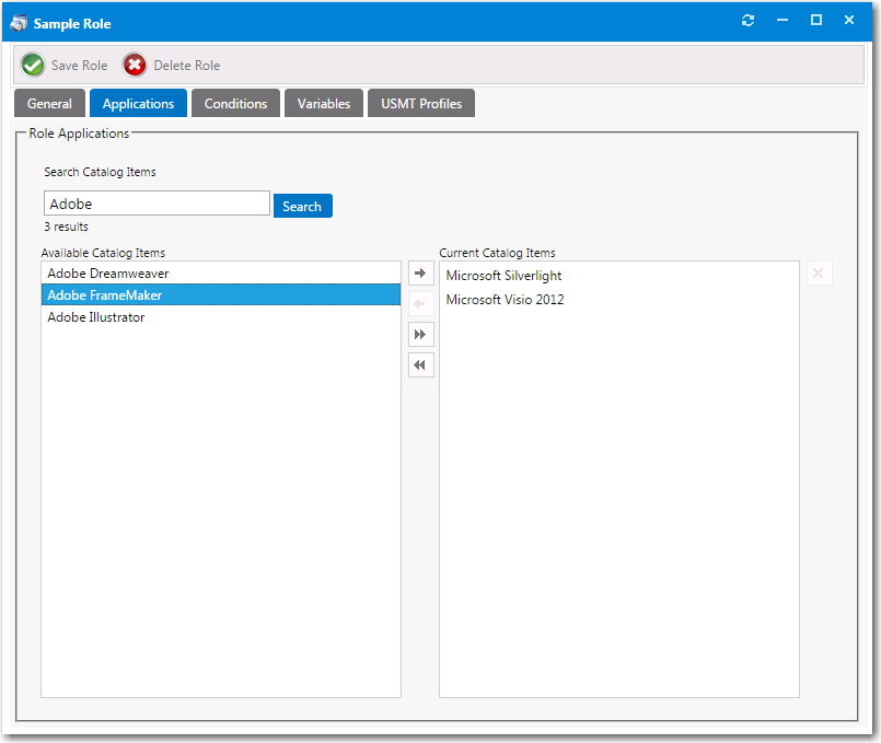 Create New Role Dialog Box / Applications Tab